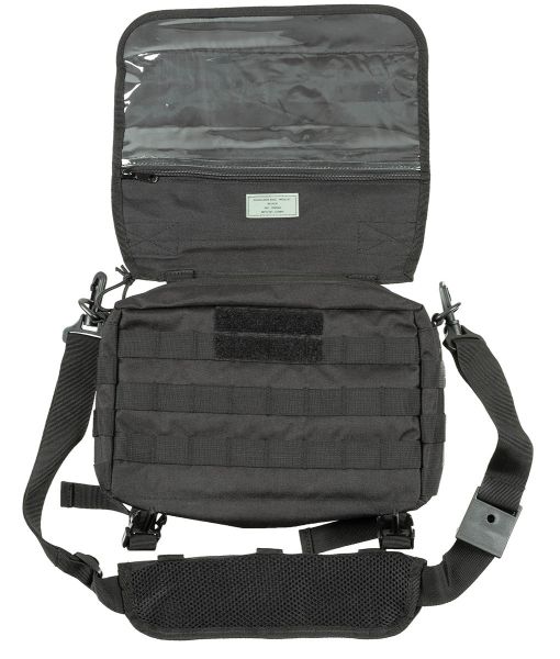 Schulter Tasche Molle Schwarz MFH geöffnet Vorderansicht auf weissem Hintergrund